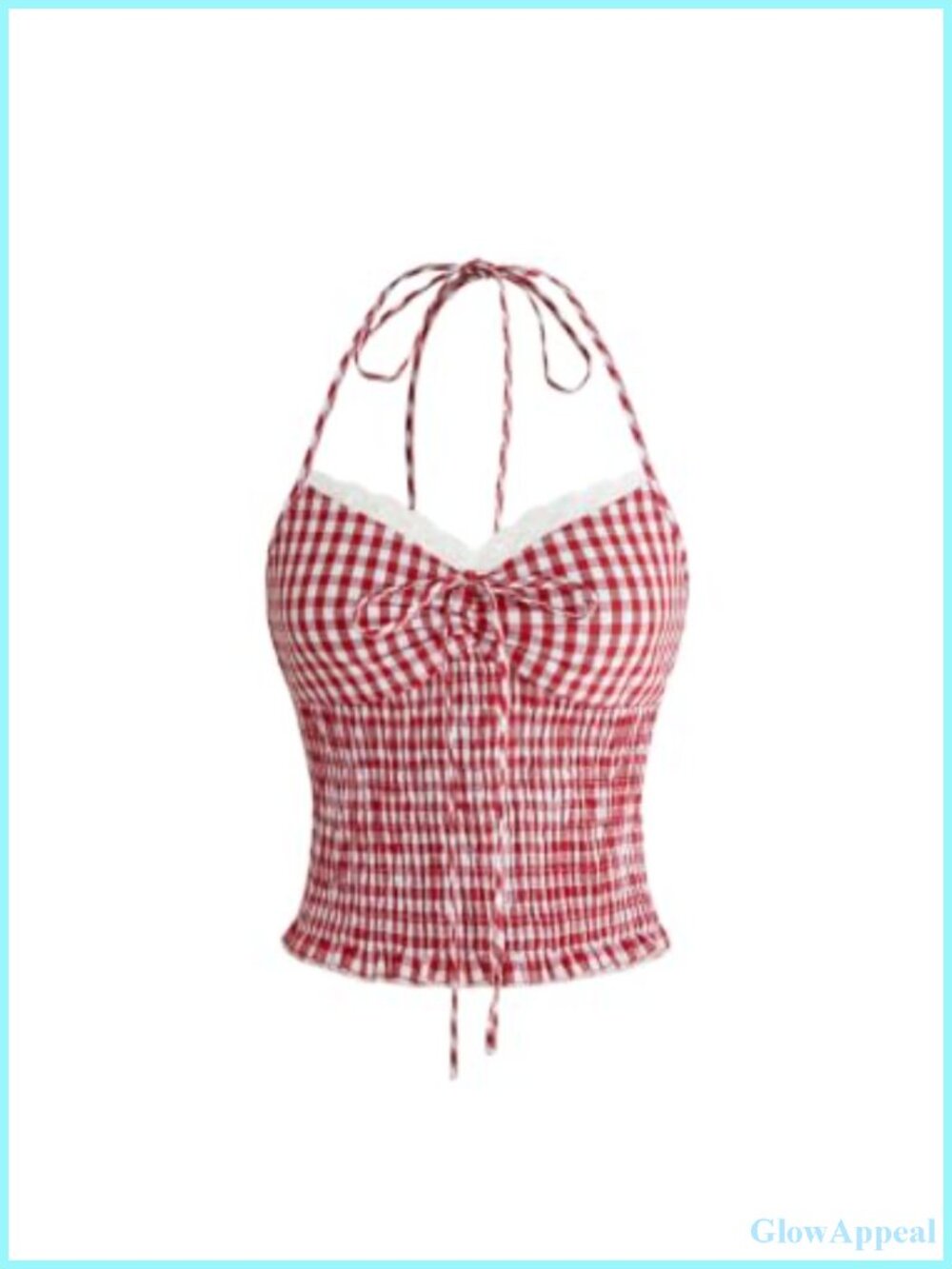 Plaid Gingham Halter Crop Top Lace Trim Bow Tie Backless Cami